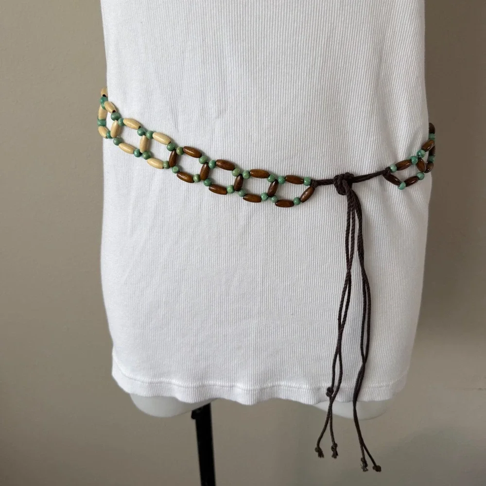 Boho Wood Beaded Tie Waist Belt Brown Cream Turquoise Western Festival Hippie